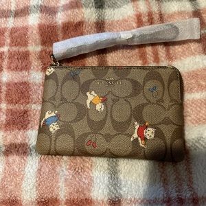 NEW Coach Corner Zip Wristlet Signature Canvas w/Cat Mittens Print NWT #CE706